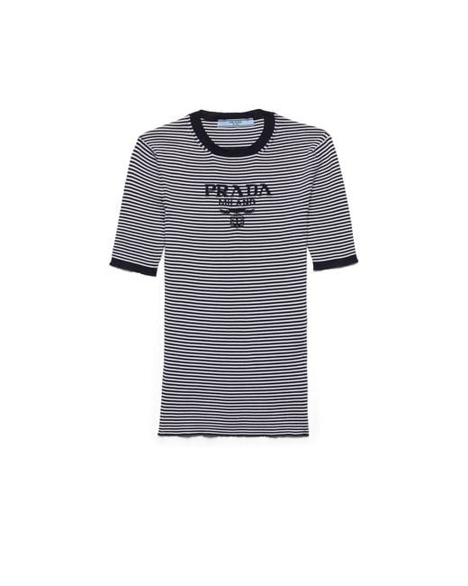 Prada Gray Striped Silk Crew-Neck Sweater
