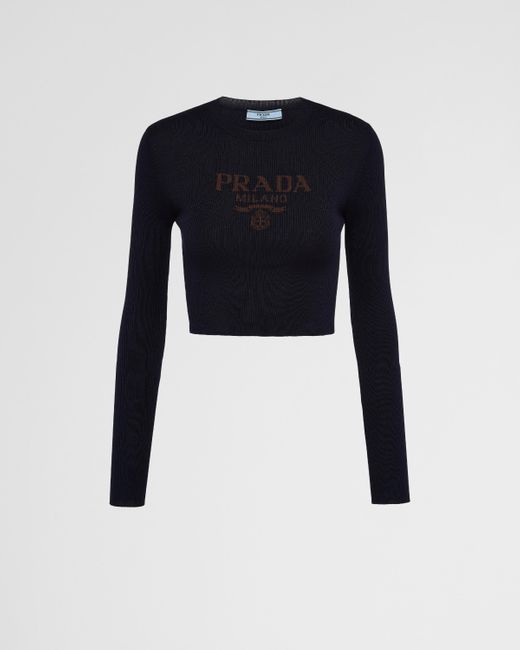 Prada Black Cropped Silk Sweater With Logo
