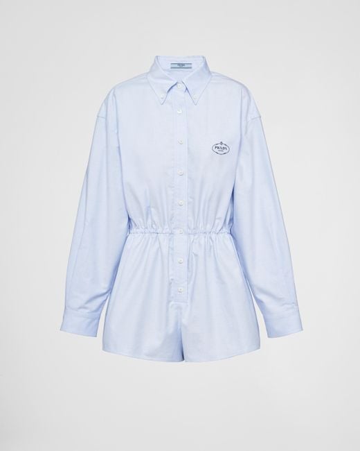Prada Blue Embroidered Oxford Cotton Jumpsuit