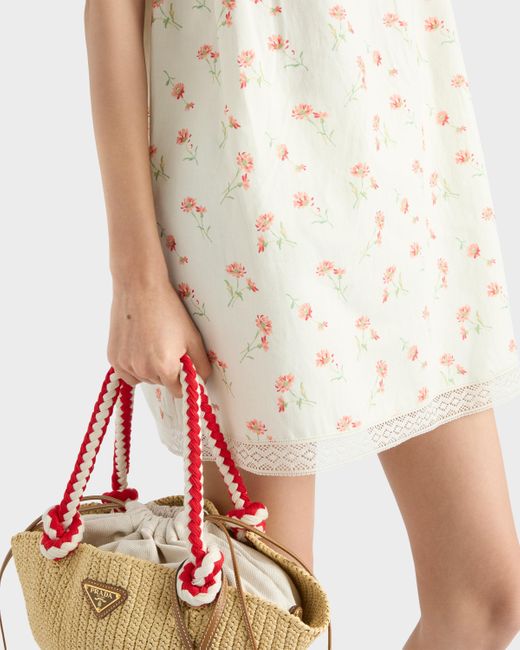 Prada Floral Print Linen Mini-Dress in White | Lyst