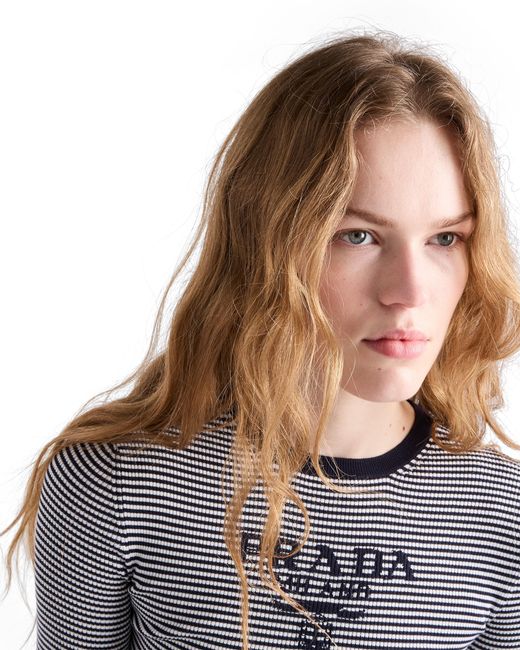 Prada Gray Striped Silk Crew-Neck Sweater