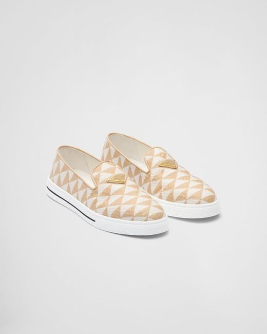 Prada White Embroidered Fabric Slip-On Shoes