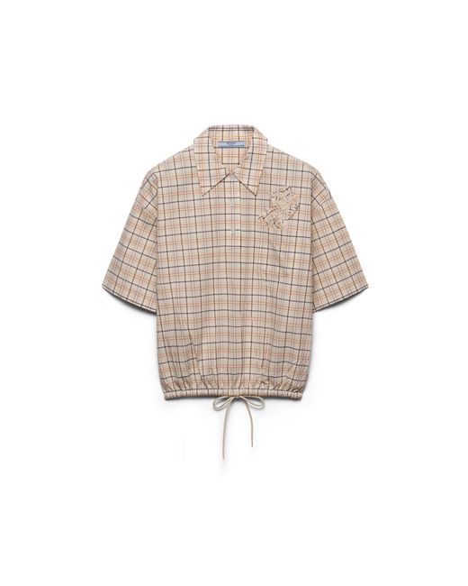Prada White Embroidered Checked Poplin Top