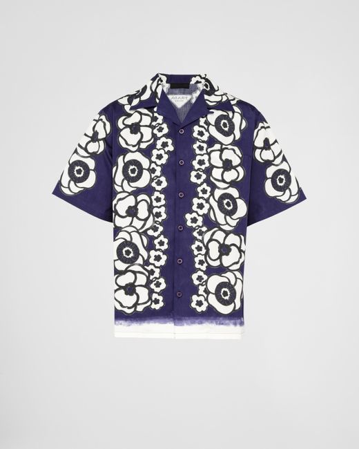 Prada Blue Short-Sleeved Printed Cotton Shirt for men