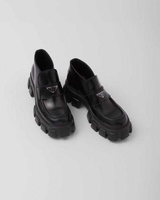 Prada Black Monolith Flatform Logo-embellished Brushed Leather Loafers for men
