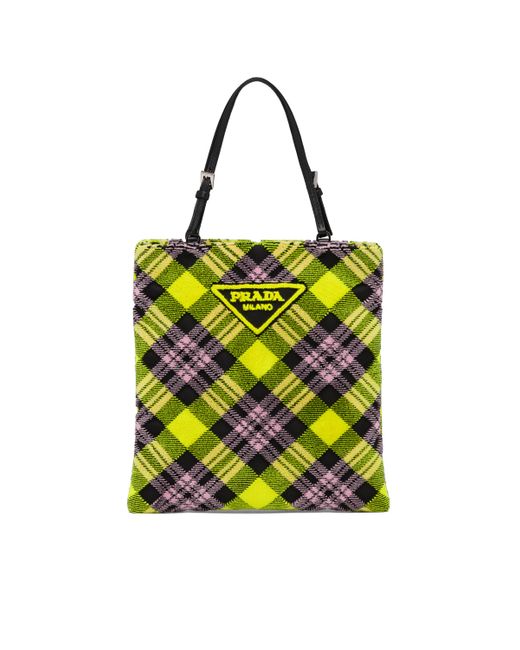 Prada Yellow Plaid Velvet Handbag With Logo