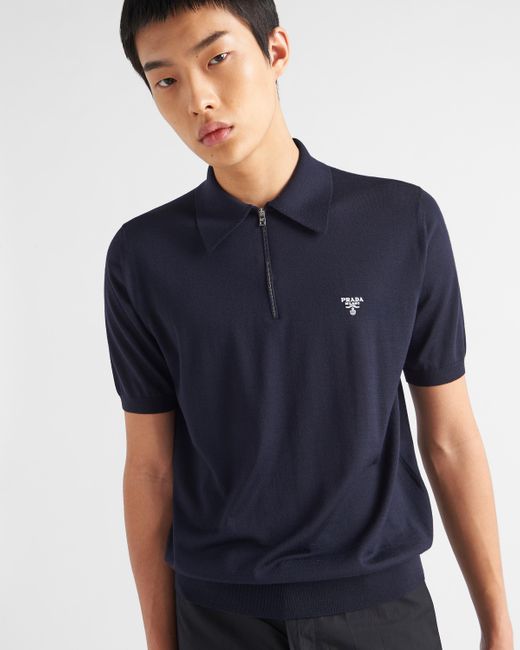 Prada Blue Superfine Wool Polo Shirt for men