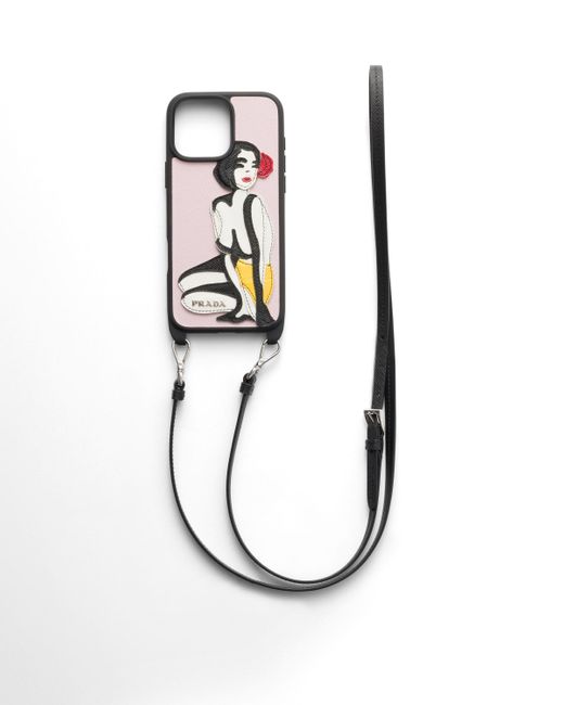 Funda De Piel Saffiano Y Piel De Cocodrilo Para Iphone 16 Pro Max Con Bandolera, Hombre Prada de hombre de color White