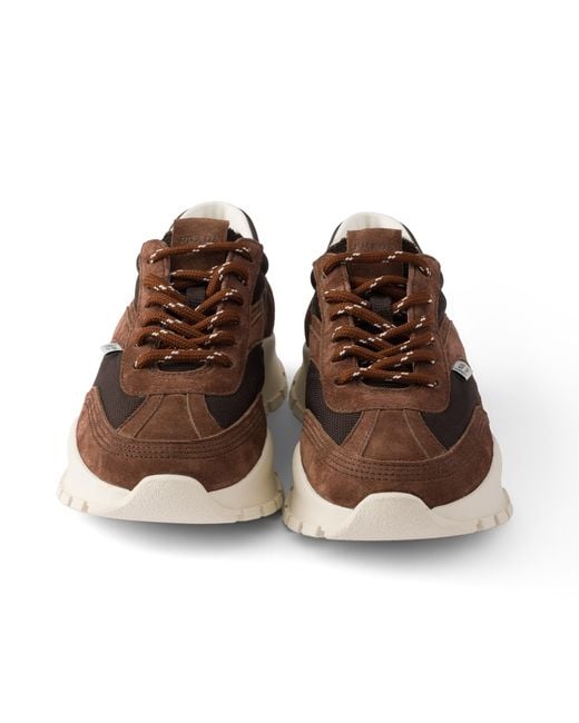 Prada Brown Mesh Fabric And Suede Sneakers, Cocoa
