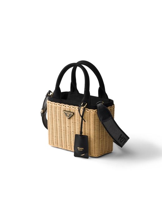 Prada Multicolor Small Wicker And Canvas Tote Bag