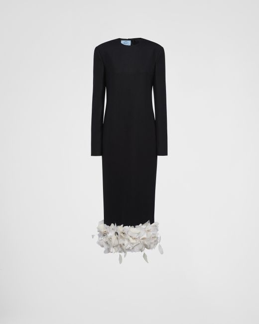 Robe mi-longue en laine à fleurs appliquées Prada en coloris Black