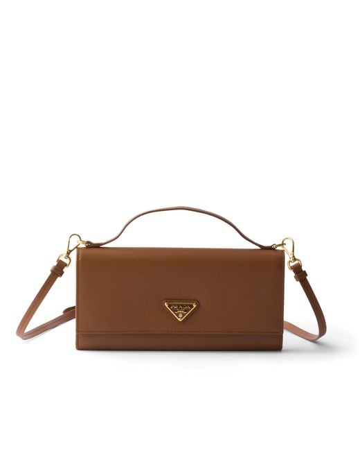 Prada Brown Saffiano Leather Wallet With Shoulder Strap