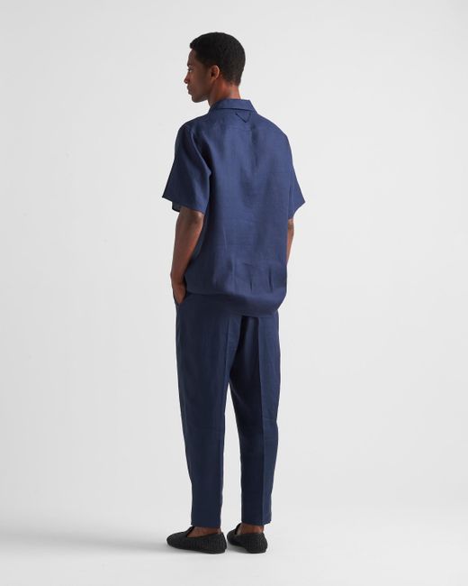 Prada Blue Short-Sleeved Linen Shirt for men