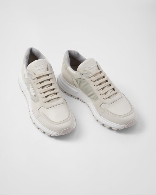 Prada White Triangle-logo Leather Sneakers for men