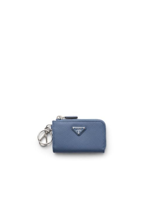 Prada Blue Saffiano Leather Mini Pouch With Keychain for men