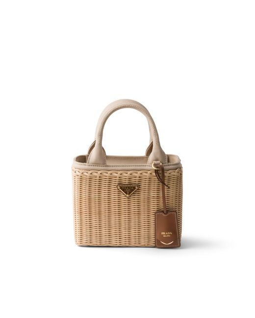 Prada Metallic Small Wicker And Canvas Tote Bag