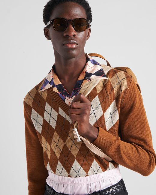 Prada Brown Wool Sweater With An Argyle Pattern for men