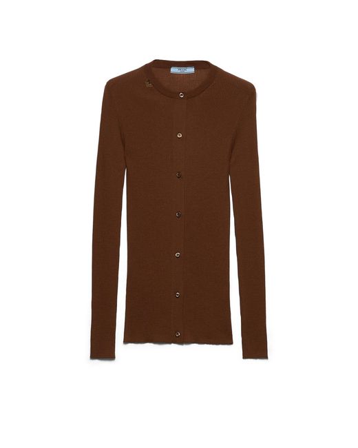 Prada Brown Ribbed Knit Wool Cardigan