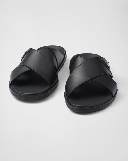 Prada Black Leather Crisscross Slides for men