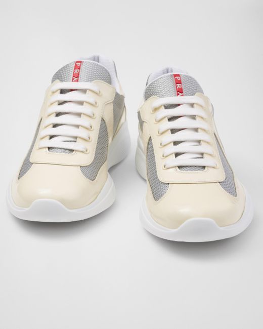 Prada White America'S Cup Patent Leather And Bike Fabric Sneakers for men