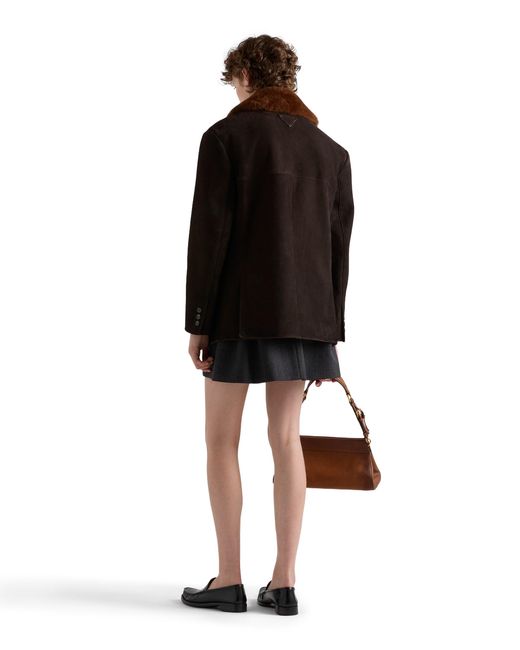 Prada Black Shearling-Trimmed Suede Caban Jacket