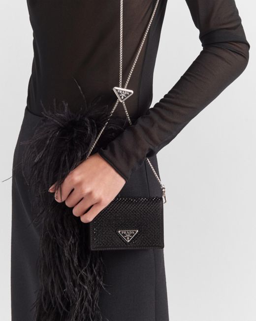 Prada Black Cardholder With Shoulder Strap And Crystals