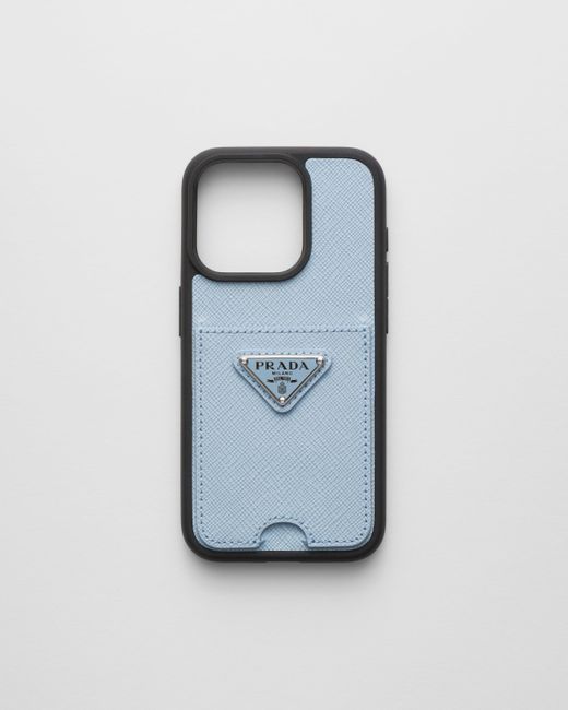 Prada Blue Saffiano Leather Cover For Iphone 15 Pro