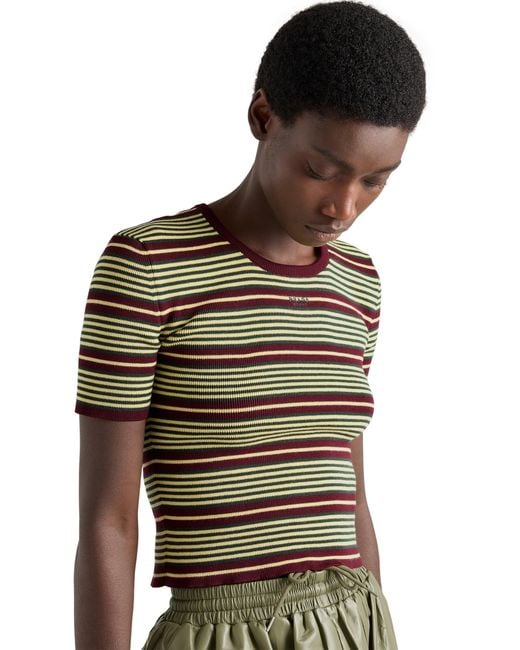Prada Multicolor Short-Sleeved Striped Cotton Sweater, Amaranth/Cream