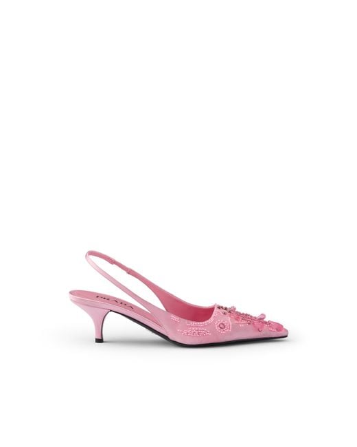 Prada Pink Embroidered Satin Slingback Pumps
