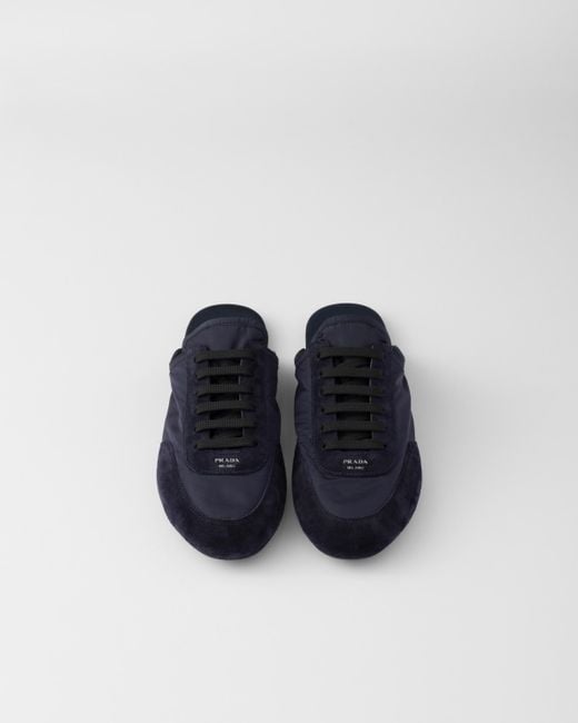 Prada Collapse Re-Nylon And Suede Mules in Blue | Lyst