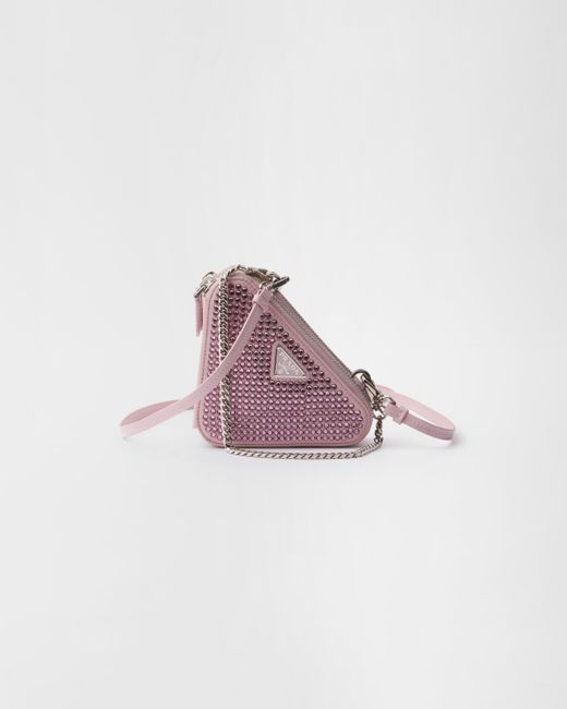 Prada Pink Dreieckige, Verzierte Mini-Pouch Aus Satin Und Leder