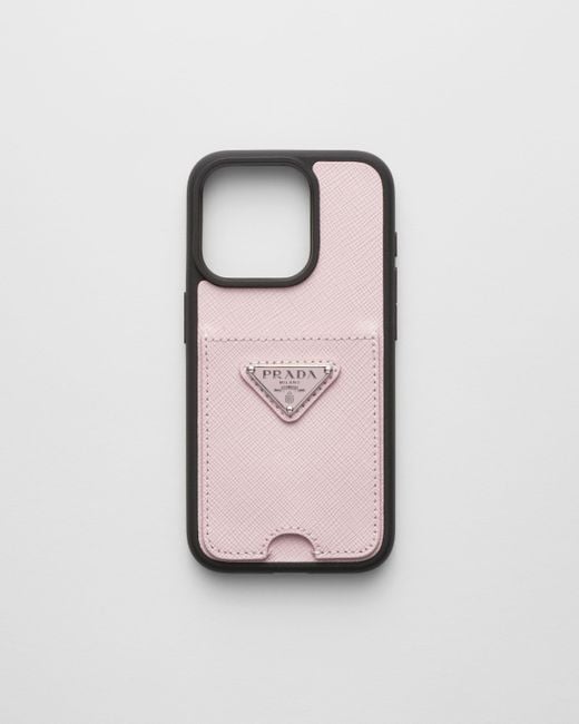 Prada Pink Saffiano Leather Cover For Iphone 15 Pro