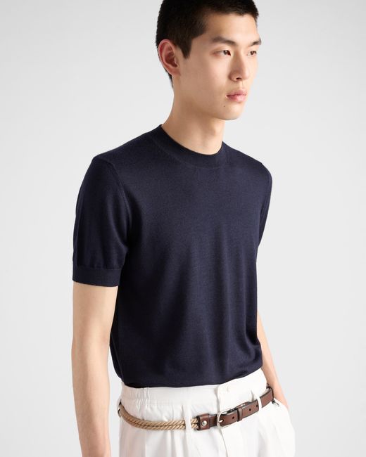 Prada Blue Short-Sleeved Cashmere And Silk Sweater for men