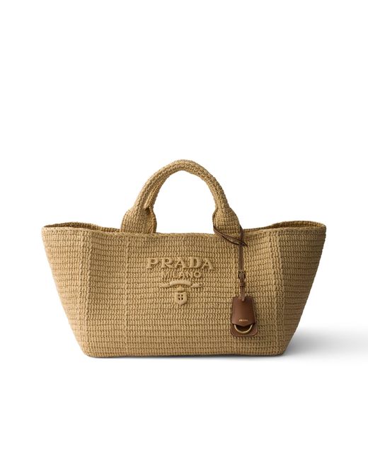 Prada Multicolor Large Crochet Tote Bag With Leather Details, Natural