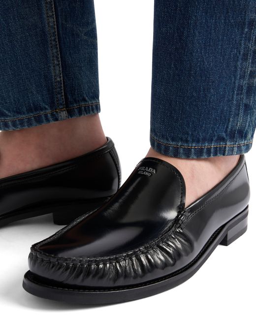 Prada Black Brushed Leather Loafers, Size 5,5 for men