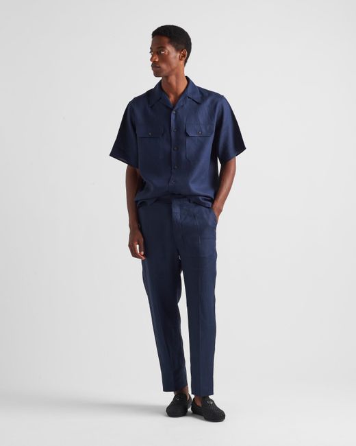 Prada Blue Short-Sleeved Linen Shirt for men