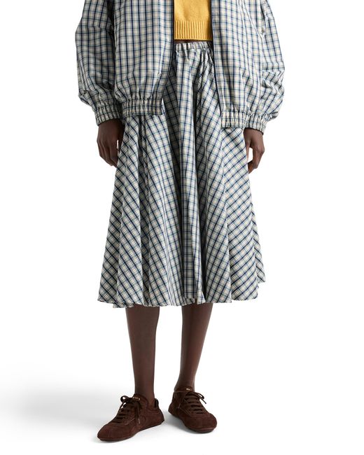 Prada Gray Full Checked Chambray Skirt, Ivory