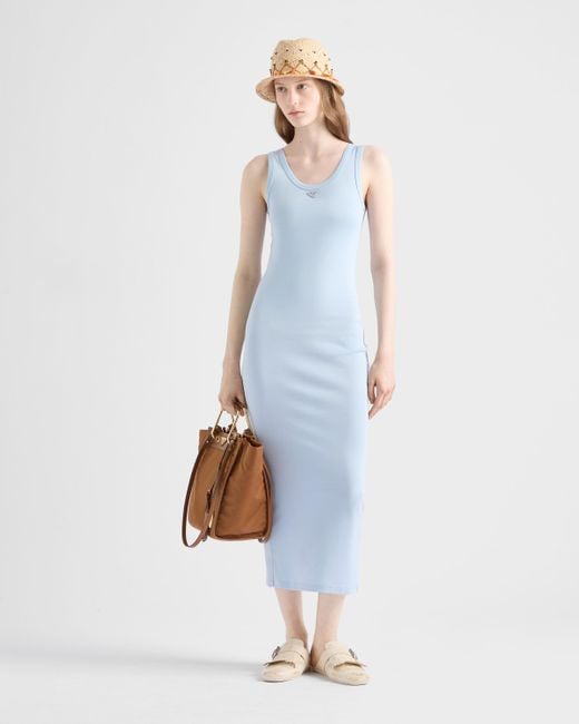 Prada White Kleid Aus Gerippter Baumwolle