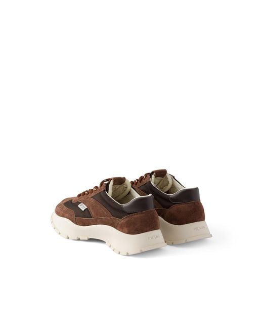 Prada Brown Mesh Fabric And Suede Sneakers, Cocoa