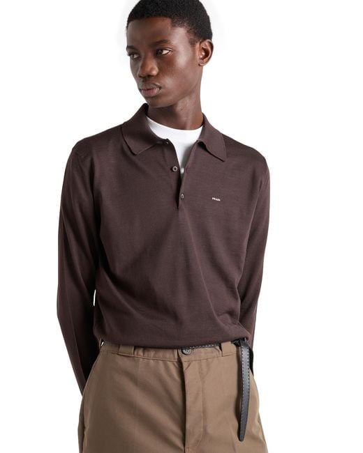 Prada Brown Long-Sleeved Superfine Wool Polo Sweater for men