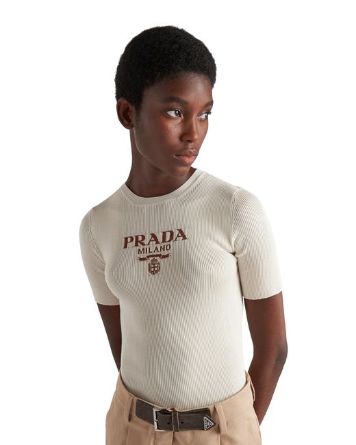 Prada White Silk Crew-Neck Sweater With Logo