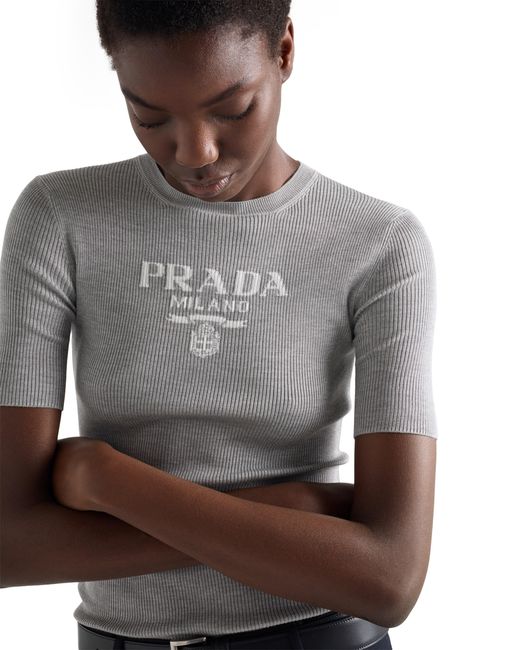 Prada Gray Silk Crew-Neck Sweater With Logo