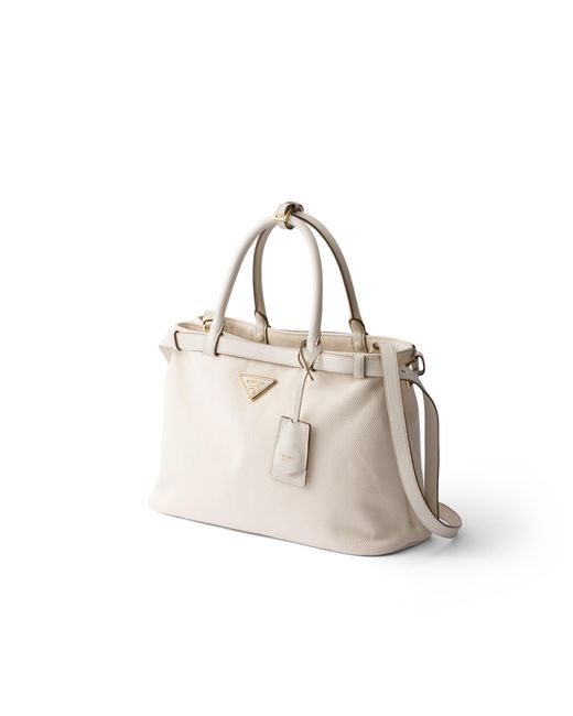 Prada Natural Buckle Medium Cotton Canvas And Leather Bag