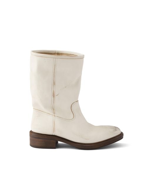 Prada White Vintage-Effect Leather Boots