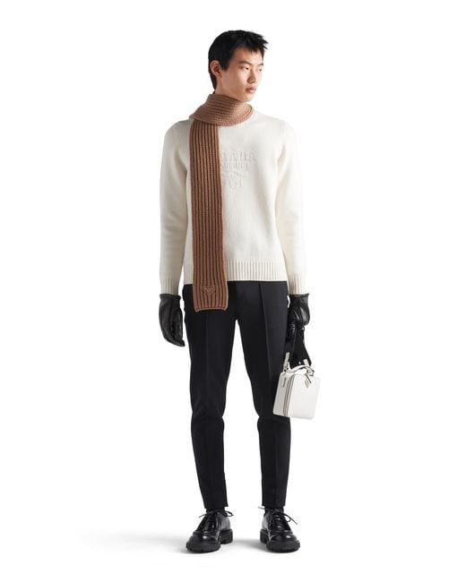 Prada White Brand-Embroidered Crewneck Wool And Cashmere-Blend Jumper for men