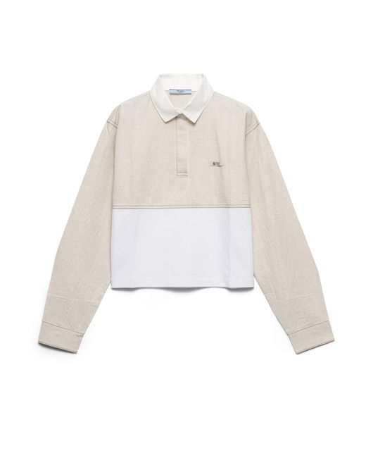 Prada White Chambray And Jersey Polo Shirt, Ecru