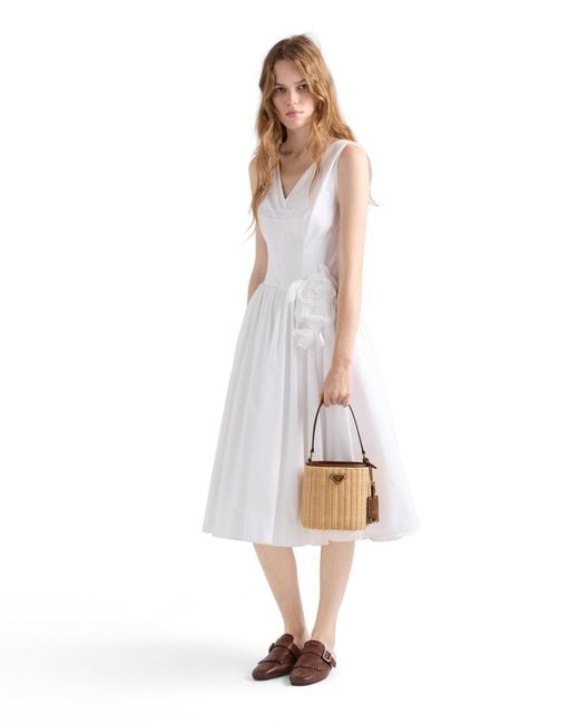 Prada White Wicker And Leather Bucket Bag