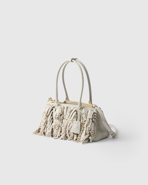 Prada White Galleria Medium Nappa Leather Bag With Fringe And Studs
