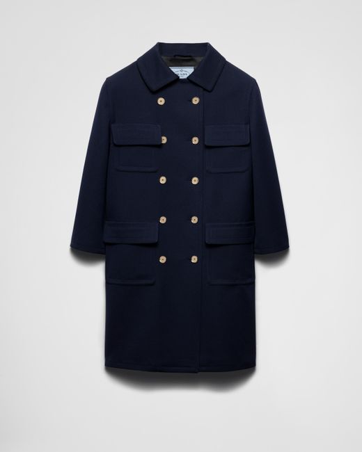 Prada Blue Double-Breasted Technical Tricotine Coat