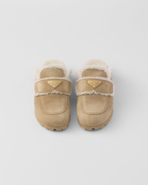 Prada White Suede And Shearling Slippers